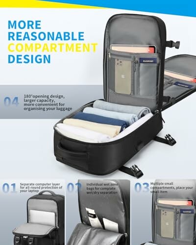 Open backpack showing compartments for organized packing.