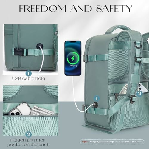 Backpack with USB charging hole and hidden anti-theft pocket.