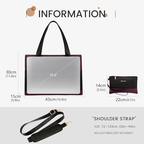 Bag dimensions with detachable shoulder strap.