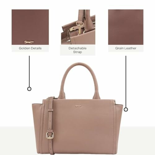 Beige leather handbag with golden details, detachable strap, and grain leather texture.