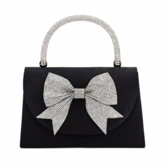 Elegant black clutch bag with rhinestone bow and handle.