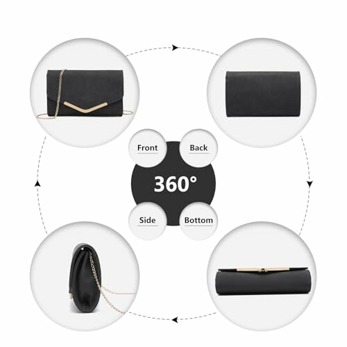 360-degree view of a black clutch bag with gold chain