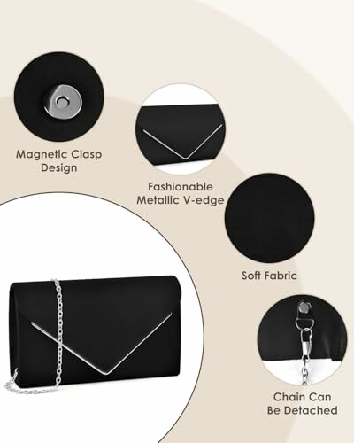 Black clutch bag with magnetic clasp, metallic V-edge, soft fabric, and detachable chain