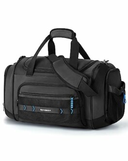 Black gym duffel bag with multiple compartments.