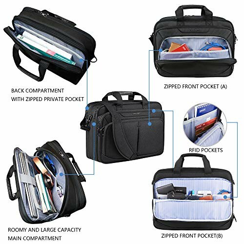 Black laptop bag with multiple compartments and RFID pockets