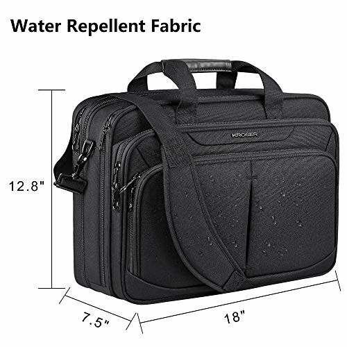 Black laptop bag with water repellent fabric and dimensions.