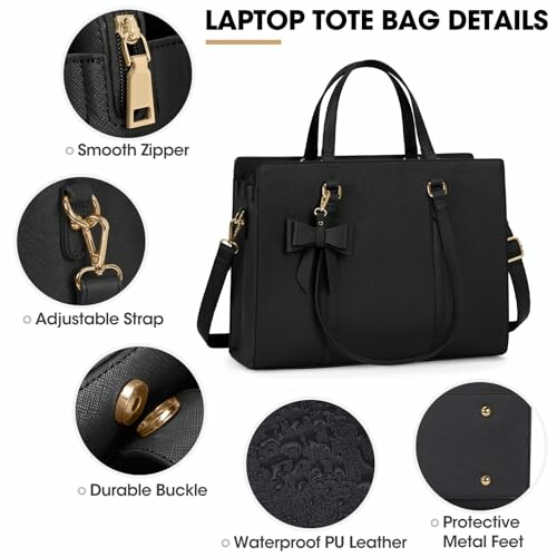 Black laptop tote bag with smooth zipper, adjustable strap, durable buckle, waterproof PU leather, protective metal feet.