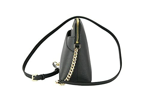 Side view of a black leather handbag with a gold chain strap