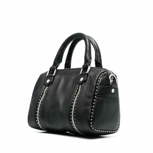 Black leather handbag with silver studs and zippers