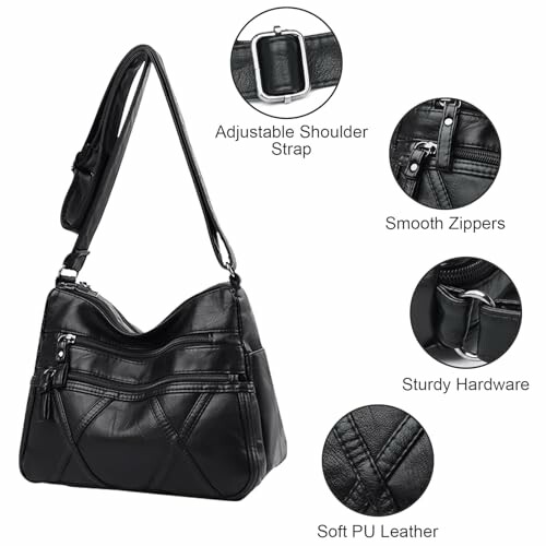 Black leather shoulder bag with adjustable strap, smooth zippers, sturdy hardware, and soft PU leather.