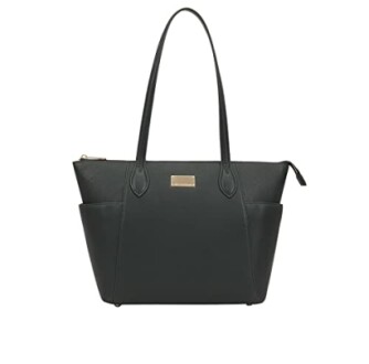 Black leather tote bag with two handles