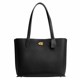 Black leather tote bag with gold clasp