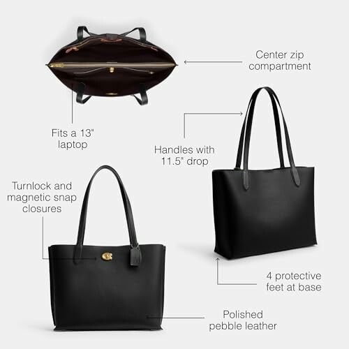 Black leather tote bag with center zip, handles, laptop fit, and protective feet.