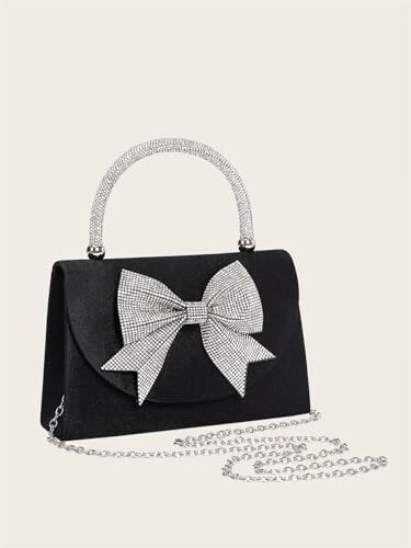 Black satin bag with a rhinestone bow and handle