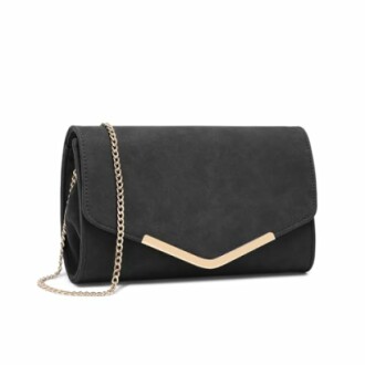 Black suede clutch purse with gold chain