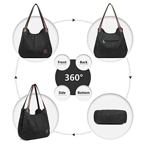 360-degree view of a black tote bag with brown handles.