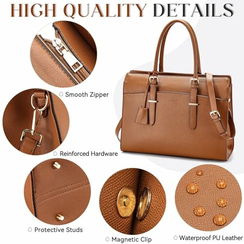 Brown leather handbag with smooth zipper, reinforced hardware, protective studs, magnetic clip, and waterproof PU leather.