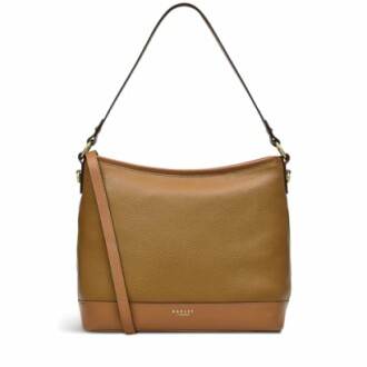 Brown leather handbag with shoulder strap