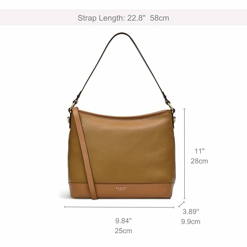 Brown leather handbag with strap length and dimensions.