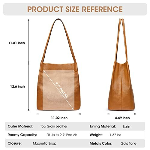 Brown leather tote bag with size dimensions and features.