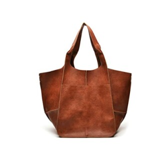 Brown leather tote bag with wide handles