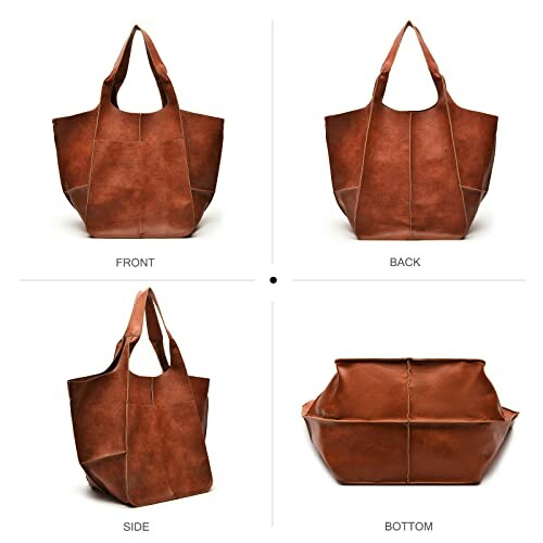 Brown leather tote bag shown from front, back, side, and bottom views.