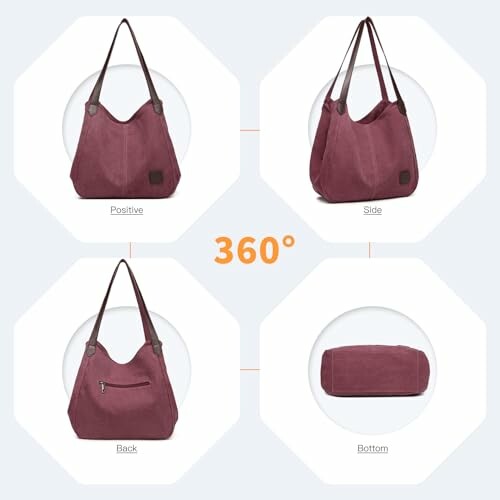 Four views of a burgundy tote bag showing positive, side, back, and bottom angles.