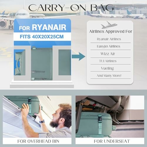 Carry-on bag for Ryanair, fits 40x20x25cm, suitable for overhead bin and underseat.