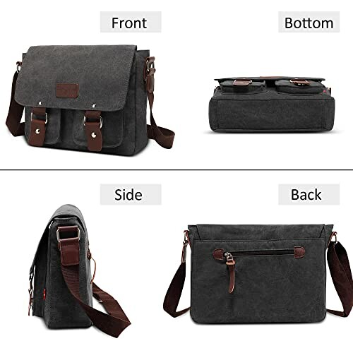 Dark gray messenger bag with multiple views including front, bottom, side, and back.
