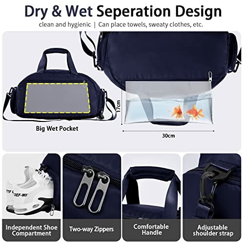 Bag with dry and wet separation design, includes big wet pocket, independent shoe compartment, two-way zippers, comfortable handle, and adjustable shoulder strap.