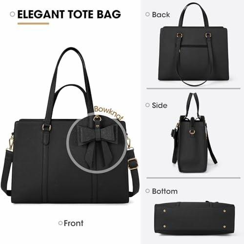 Black elegant tote bag with bowknot detailing, shown from front, back, side, and bottom views.