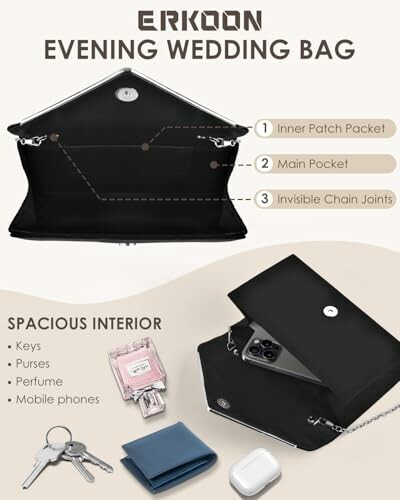 Open black evening wedding bag with compartments and items like keys, perfume, and phone