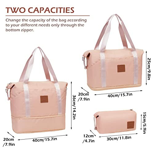 Expandable travel tote bag with adjustable capacity.