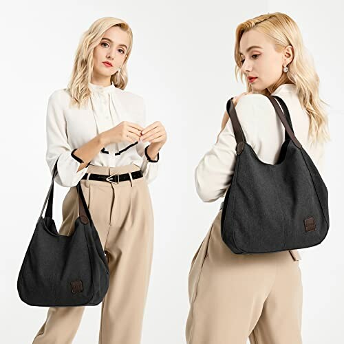 Woman showcasing a black tote bag in stylish outfit.