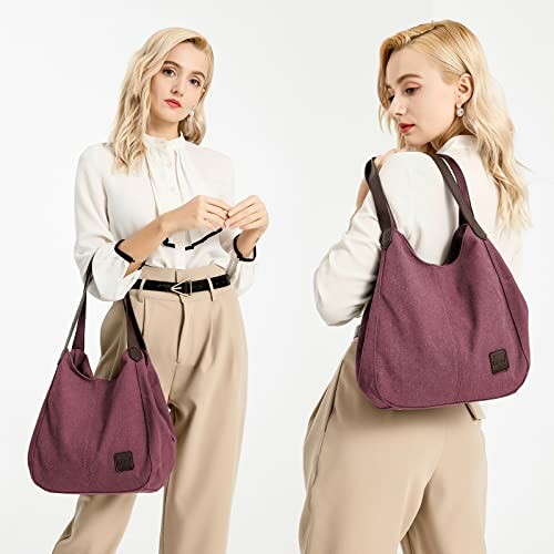 Two women with a purple tote bag, wearing white shirts and beige pants.