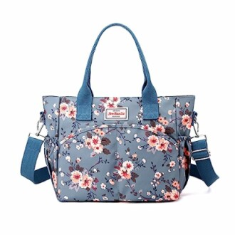 Blue floral tote bag with shoulder straps