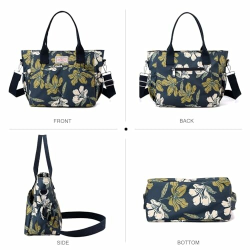 Floral tote bag shown in front, back, side, and bottom views.