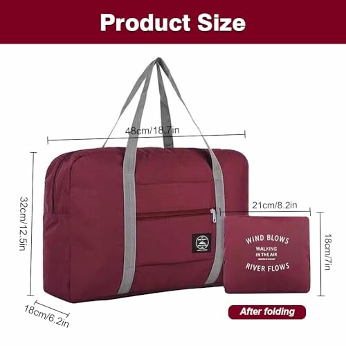 Foldable travel bag with dimensions in red color.