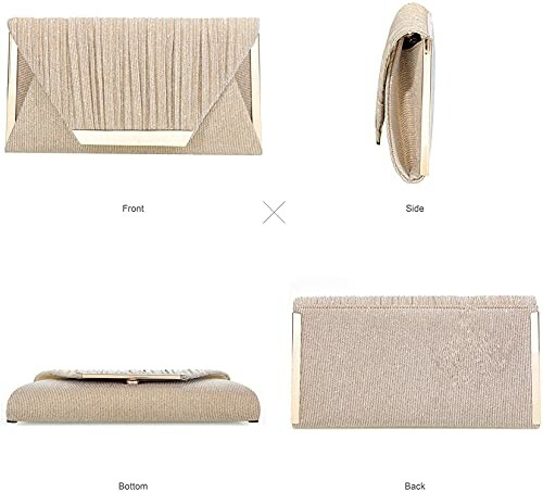 Four views of a golden clutch bag: front, side, bottom, and back.