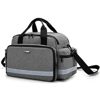 Gray insulated lunch bag with black straps and multiple pockets.