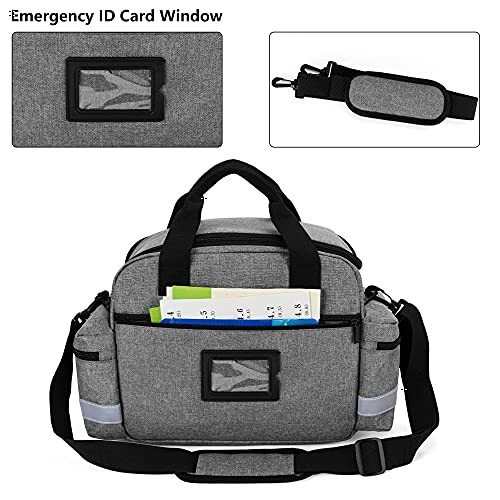 Gray insulated lunch bag with shoulder strap and ID card window