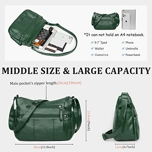 Green crossbody bag showing compartments and dimensions.