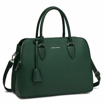 Elegant green leather handbag with handles and shoulder strap