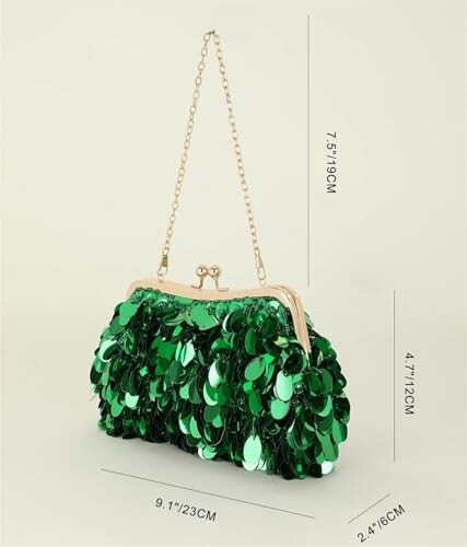 Green sequin handbag with gold chain and clasp