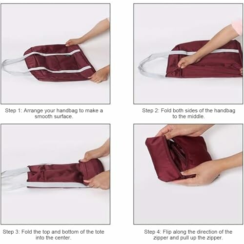 Instructions for folding a handbag into a compact shape in four steps.