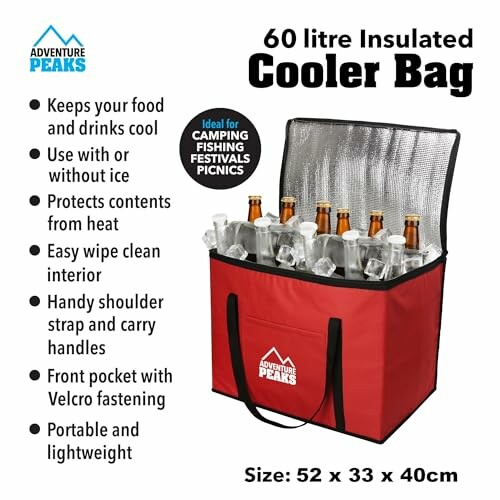 Red insulated cooler bag with bottles and ice inside, showcasing its features and dimensions.