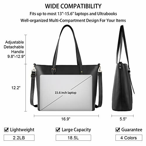 Laptop tote bag with dimensions and features for 13 to 15.6 inch laptops.