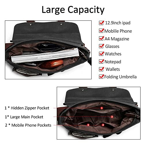 Open bag showcasing storage capacity for various items including an iPad, mobile phone, magazine, glasses, watches, notepad, wallets, and umbrella.