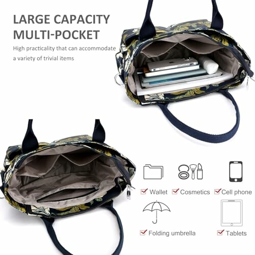 Open multi-pocket bag showing compartments for wallet, cosmetics, phone, umbrella, and tablet.