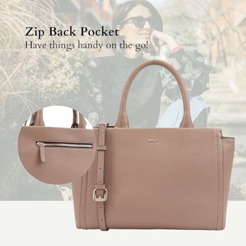 Beige leather handbag with zip back pocket and woman in the background.